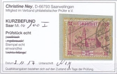 Saar Mi.-Nr. 100 I oo Kurzbefund